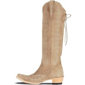 ⚡Women's Beige Knee High Wide Calf Lace Up Embroidered Cowgirl Boots Pull On